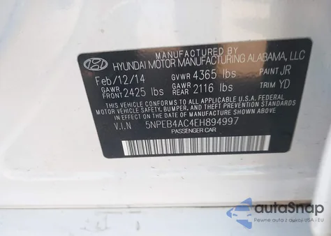 2014 Hyundai Sonata Gls z USA, uszkodzony, nr VIN 5NPEB4AC4EH894997